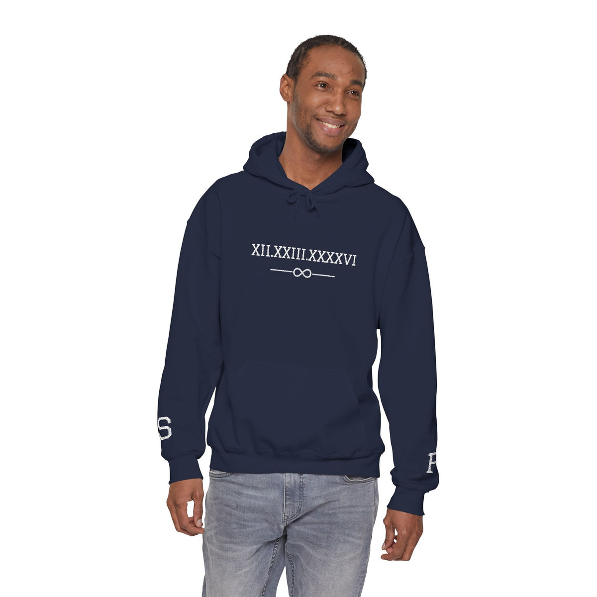 Personalized Couples Roman Numeral Date Hoodie – Minimal Pullover with Sleeve Graphics