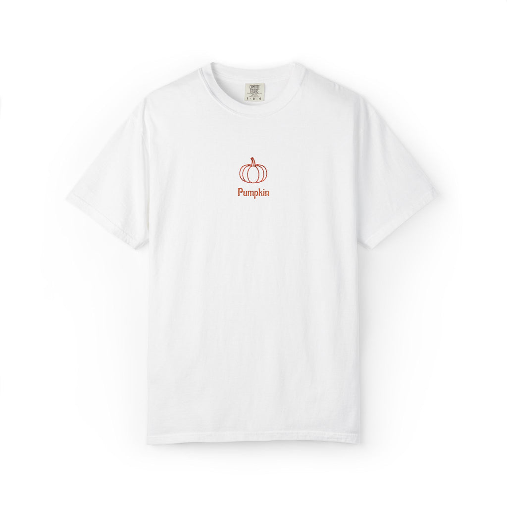 Couples Pumpkin T-Shirt — Minimal Fall Tee with Small Chest Pumpkin