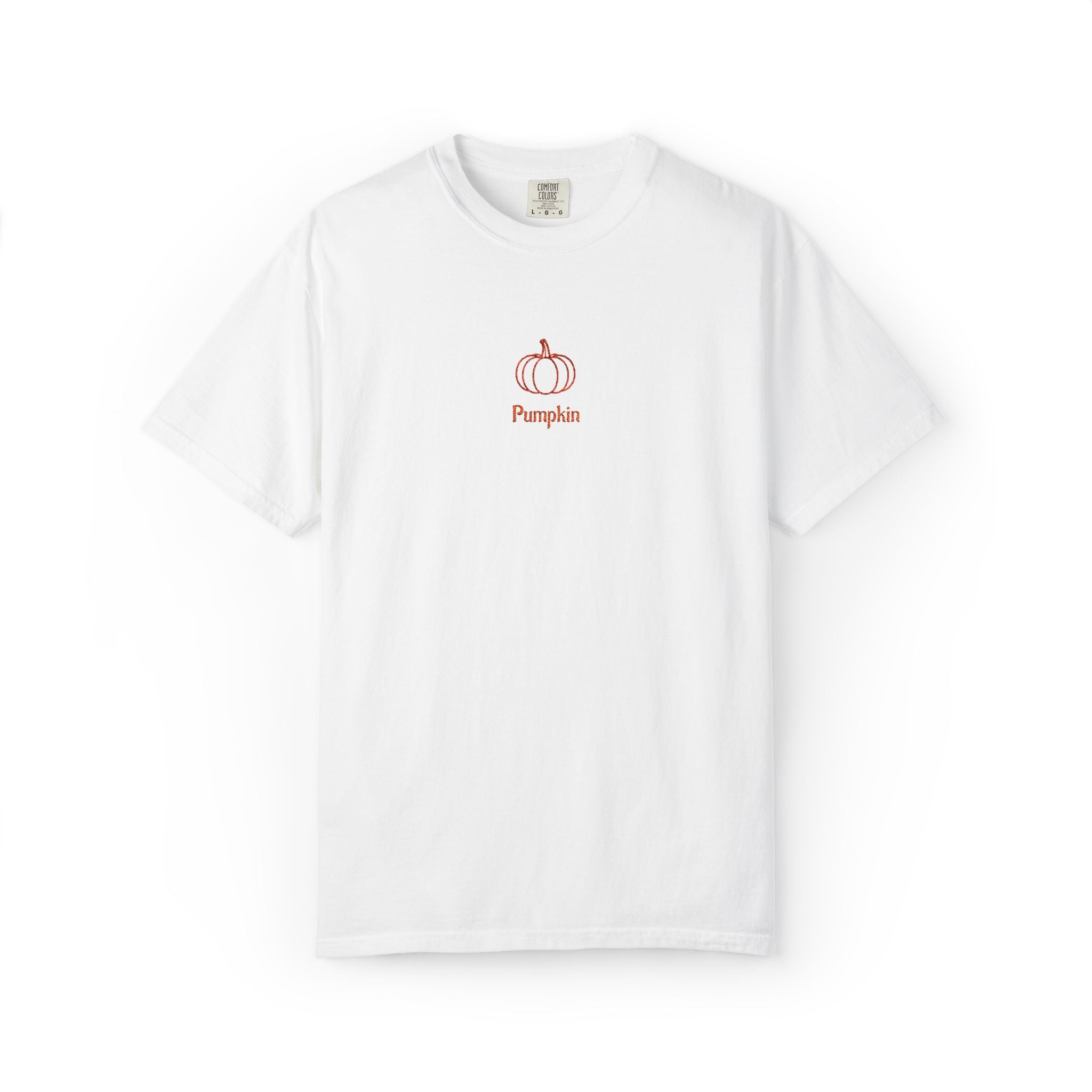 Couples Pumpkin T-Shirt — Minimal Fall Tee with Small Chest Pumpkin