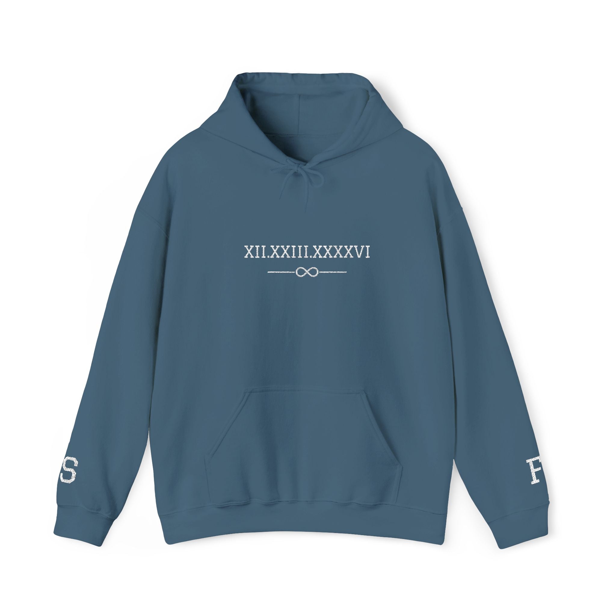 Personalized Couples Roman Numeral Date Hoodie – Minimal Pullover with Sleeve Graphics