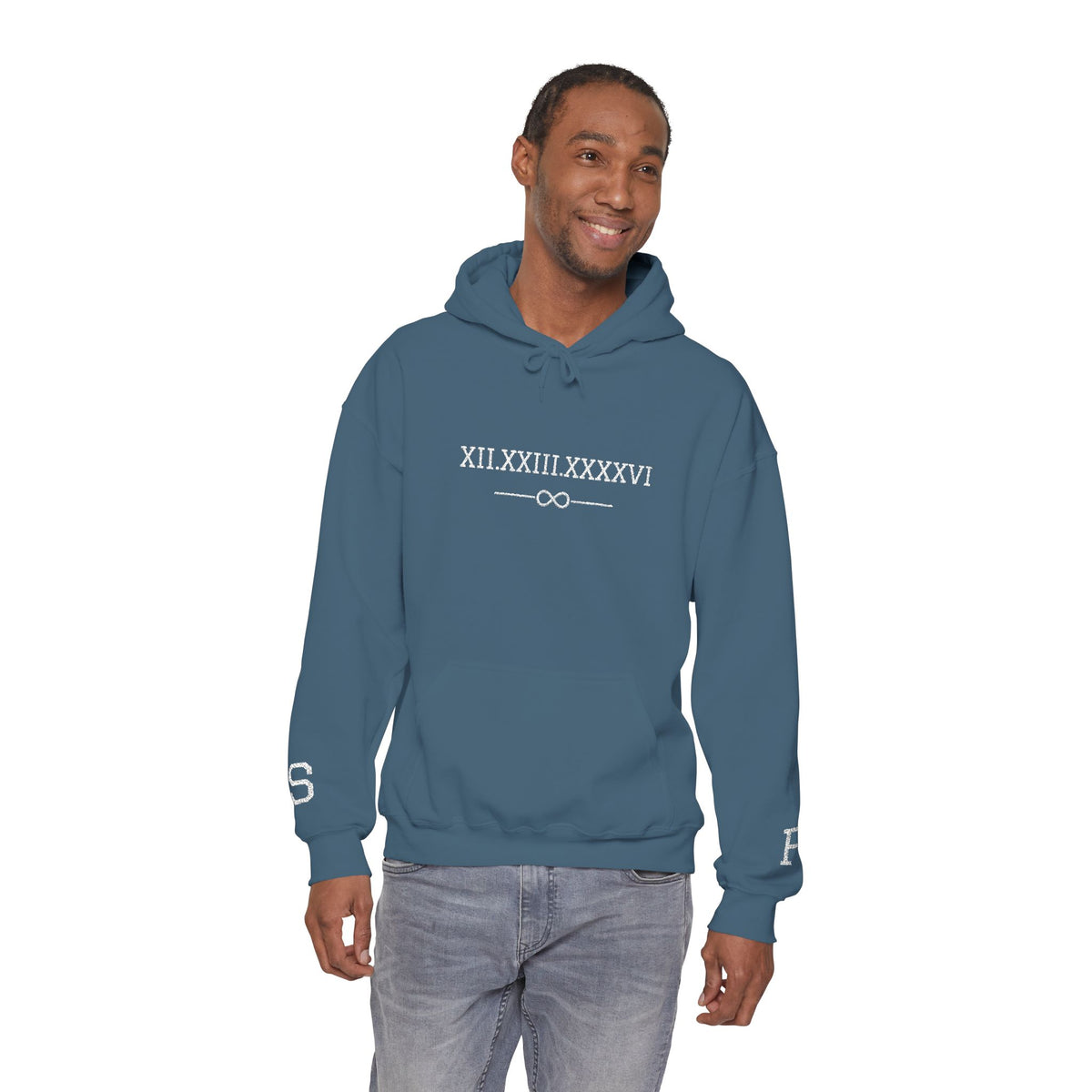 Personalized Couples Roman Numeral Date Hoodie – Minimal Pullover with Sleeve Graphics