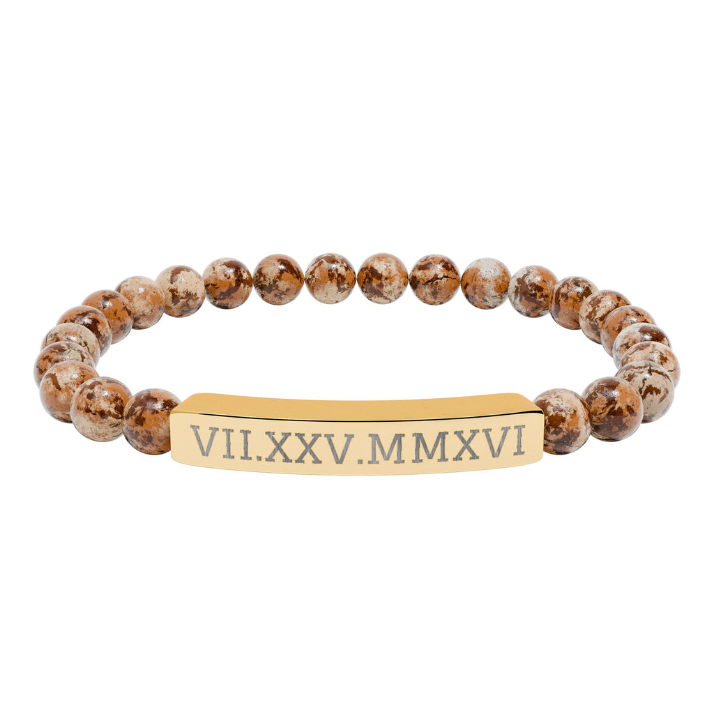 Engravable Natural Stone Stretch Bracelet — Personalized Roman Numeral Date Bar
