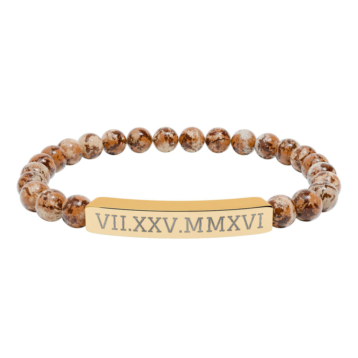 Engravable Natural Stone Stretch Bracelet — Personalized Roman Numeral Date Bar
