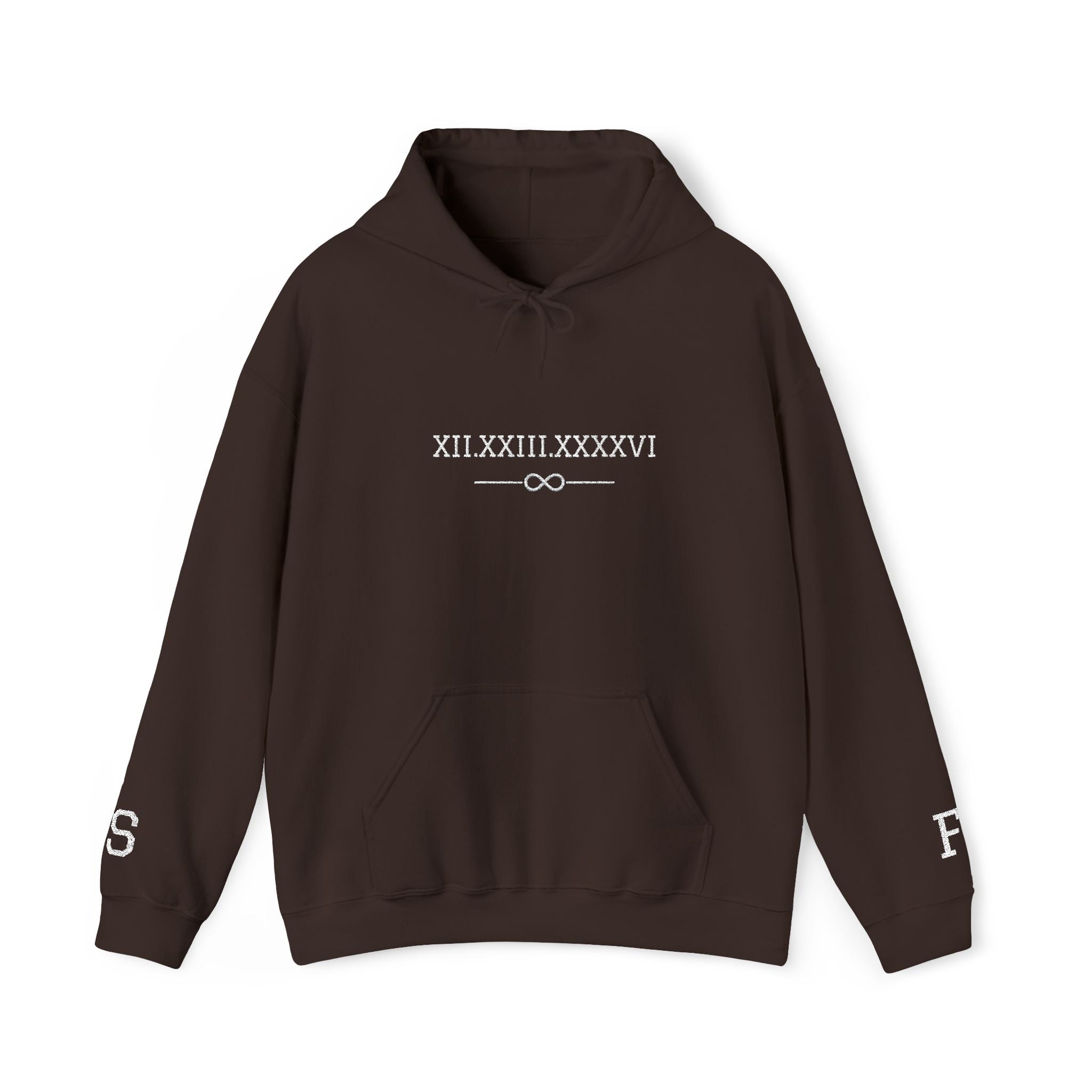 Personalized Couples Roman Numeral Date Hoodie – Minimal Pullover with Sleeve Graphics