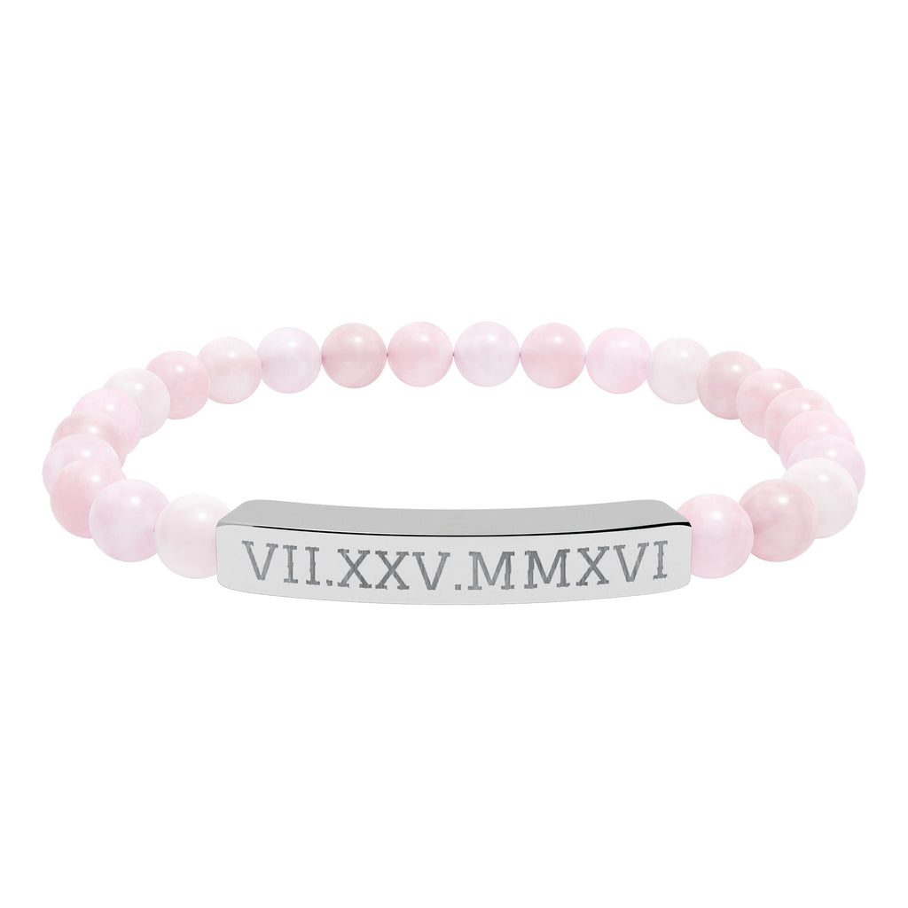 Engravable Natural Stone Stretch Bracelet — Personalized Roman Numeral Date Bar