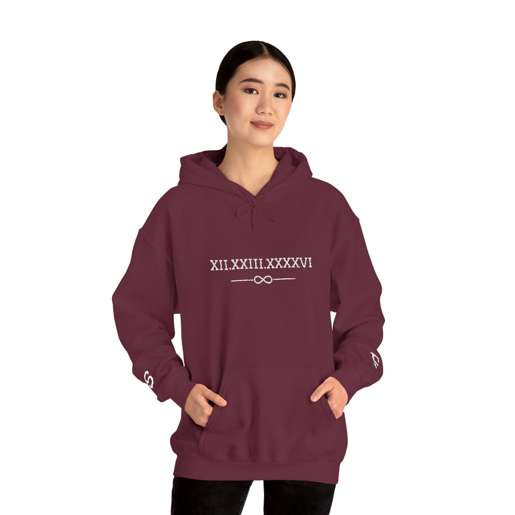 Personalized Couples Roman Numeral Date Hoodie – Minimal Pullover with Sleeve Graphics