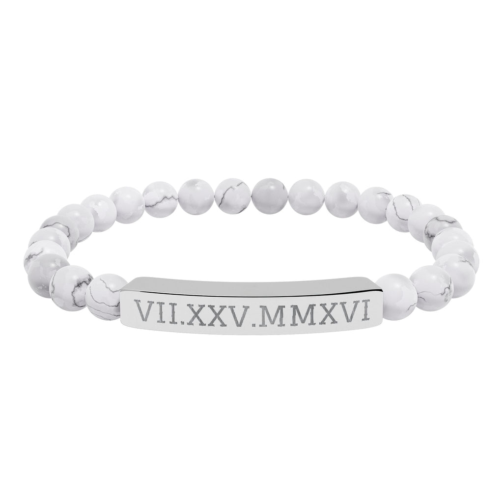Engravable Natural Stone Stretch Bracelet — Personalized Roman Numeral Date Bar