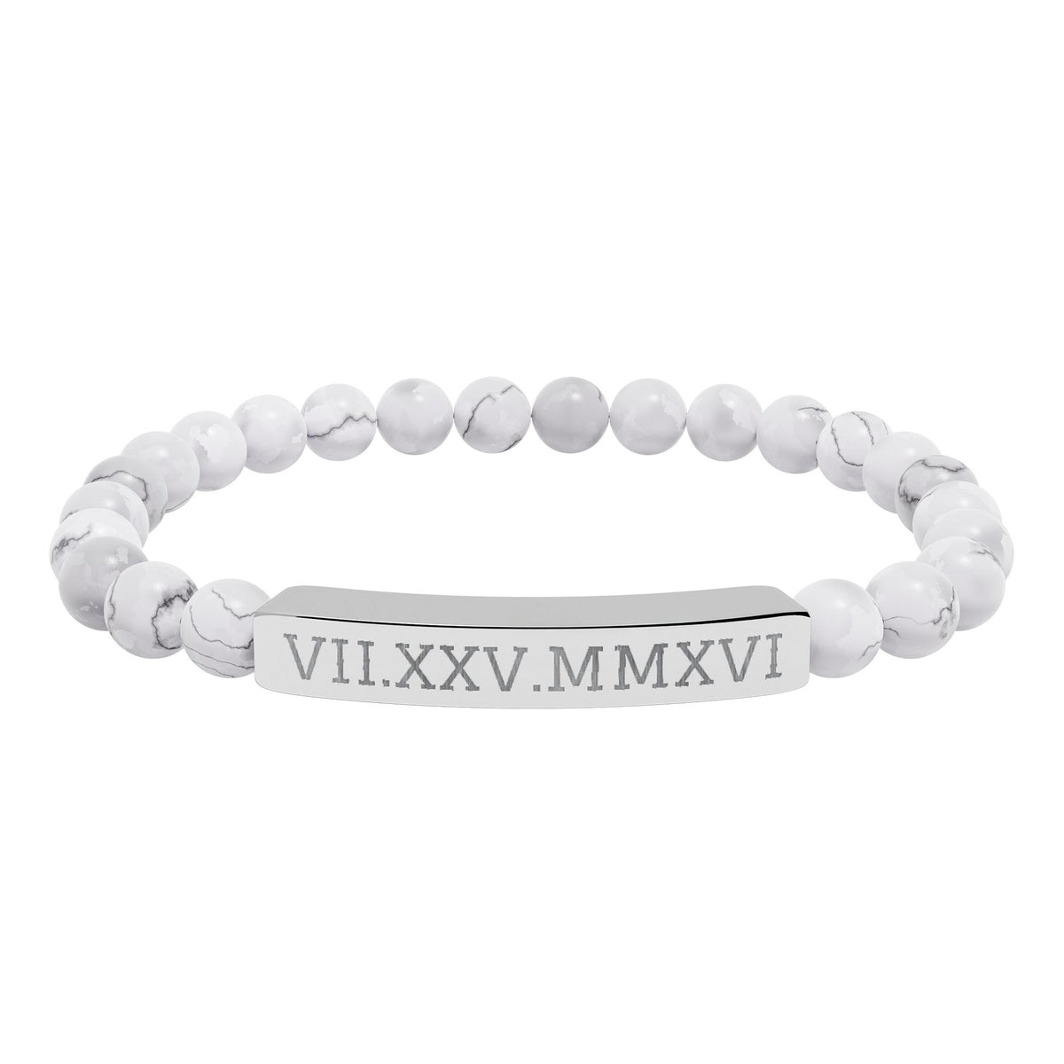 Engravable Natural Stone Stretch Bracelet — Personalized Roman Numeral Date Bar