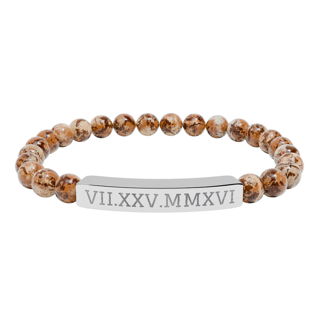 Engravable Natural Stone Stretch Bracelet — Personalized Roman Numeral Date Bar
