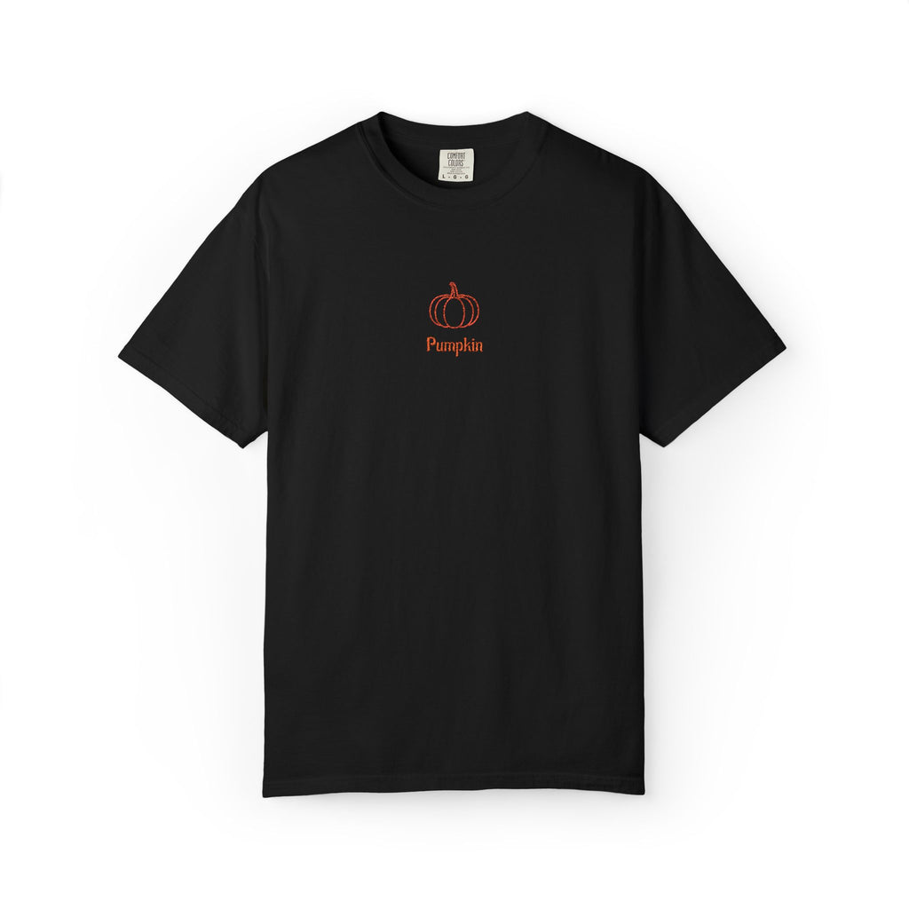 Couples Pumpkin T-Shirt — Minimal Fall Tee with Small Chest Pumpkin