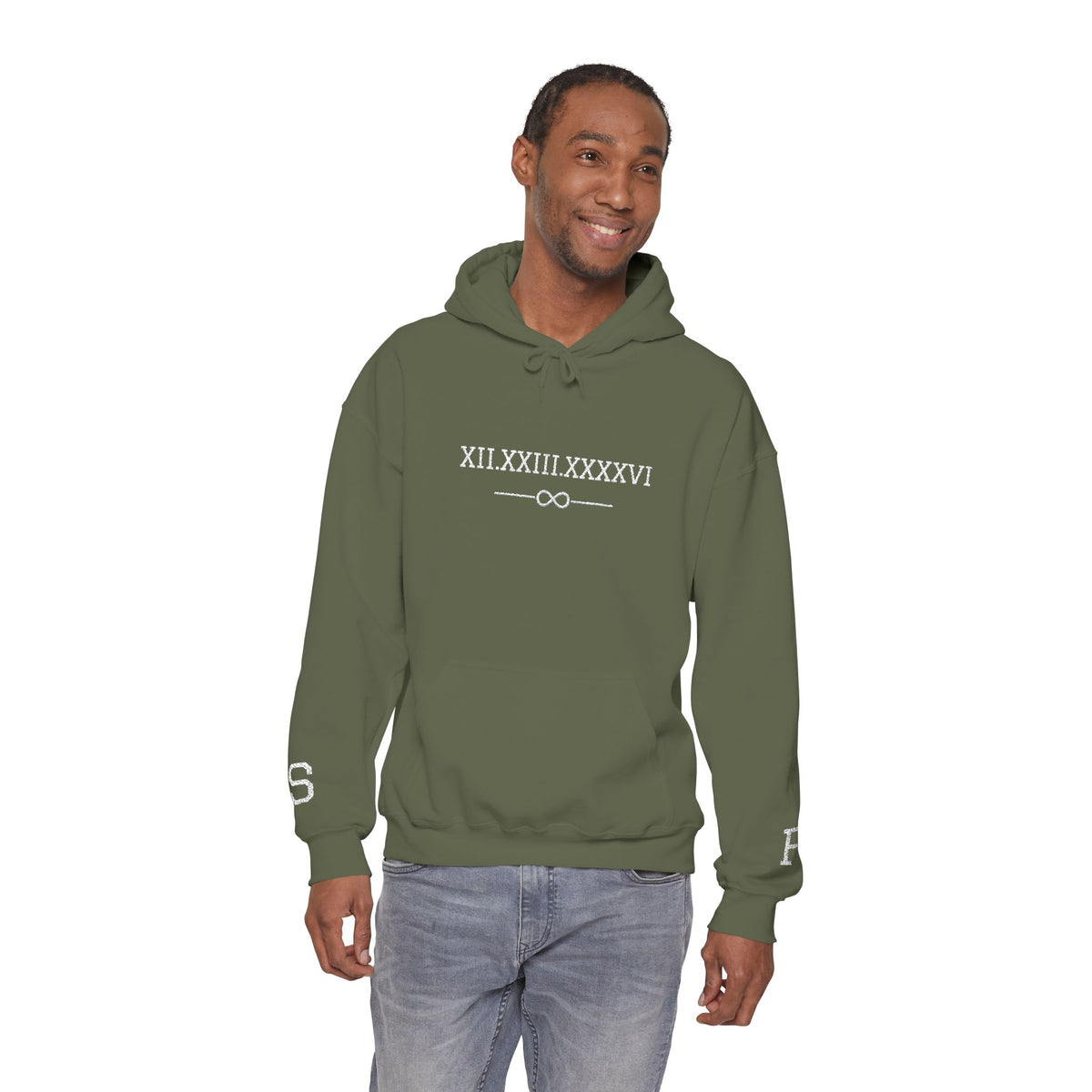 Personalized Couples Roman Numeral Date Hoodie – Minimal Pullover with Sleeve Graphics