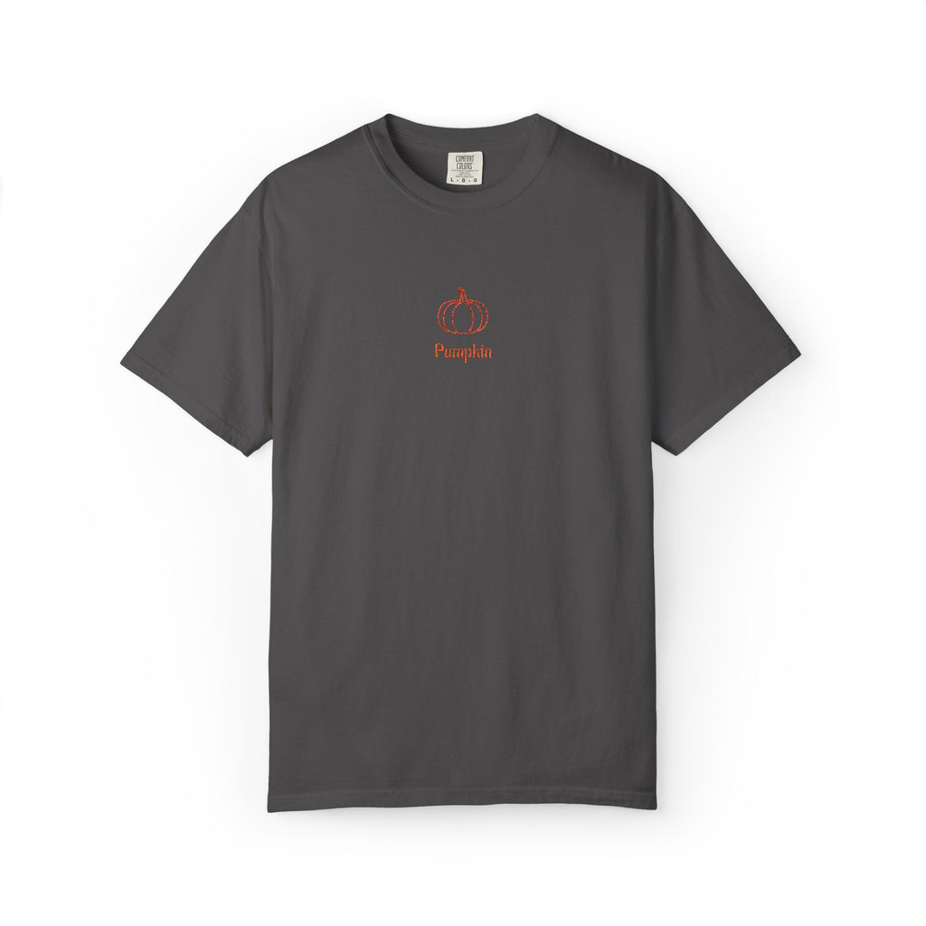 Couples Pumpkin T-Shirt — Minimal Fall Tee with Small Chest Pumpkin