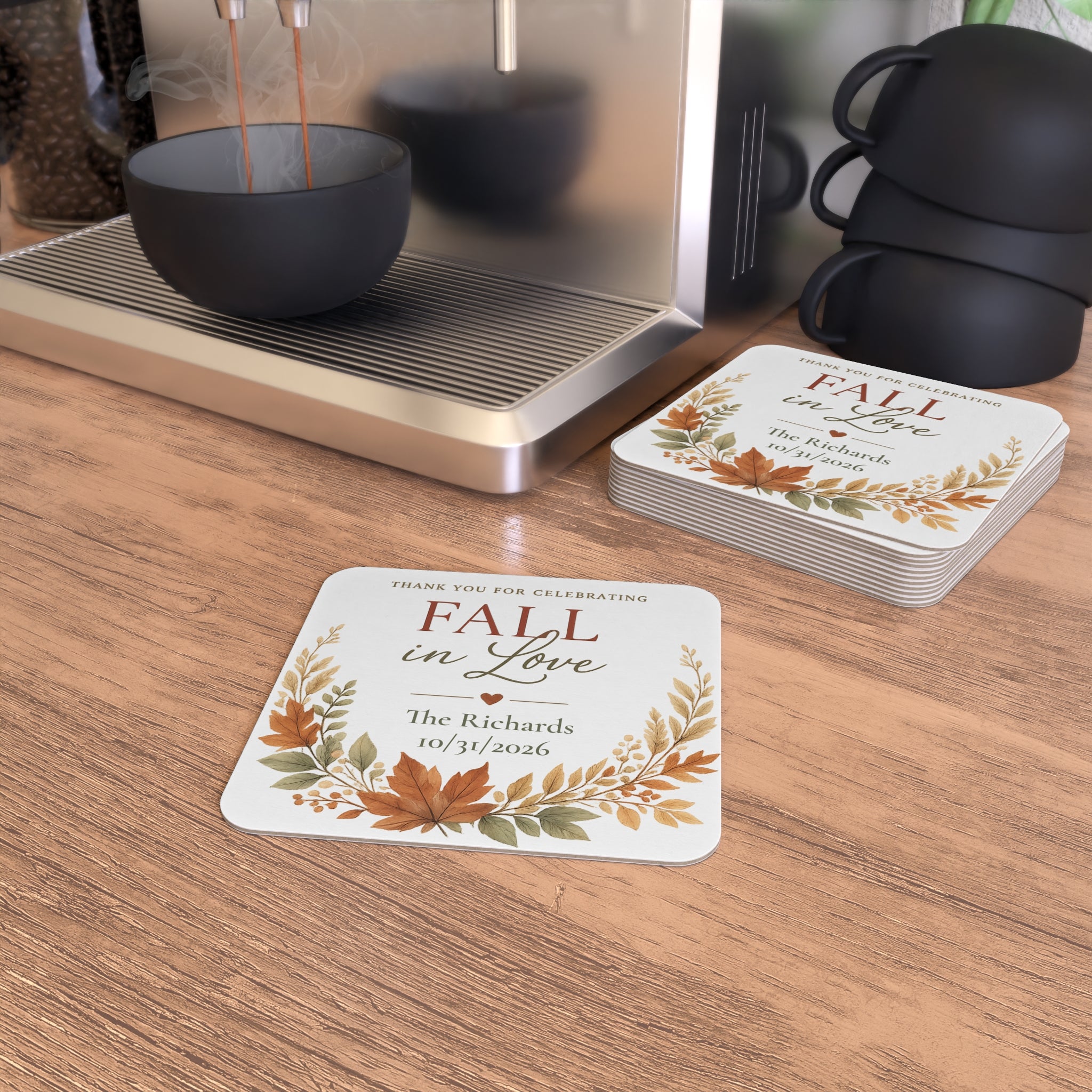 Fall in Love Personalized Coasters — Autumn Wedding Favor Coasters (Custom Names & Date, Pack of 50/100)