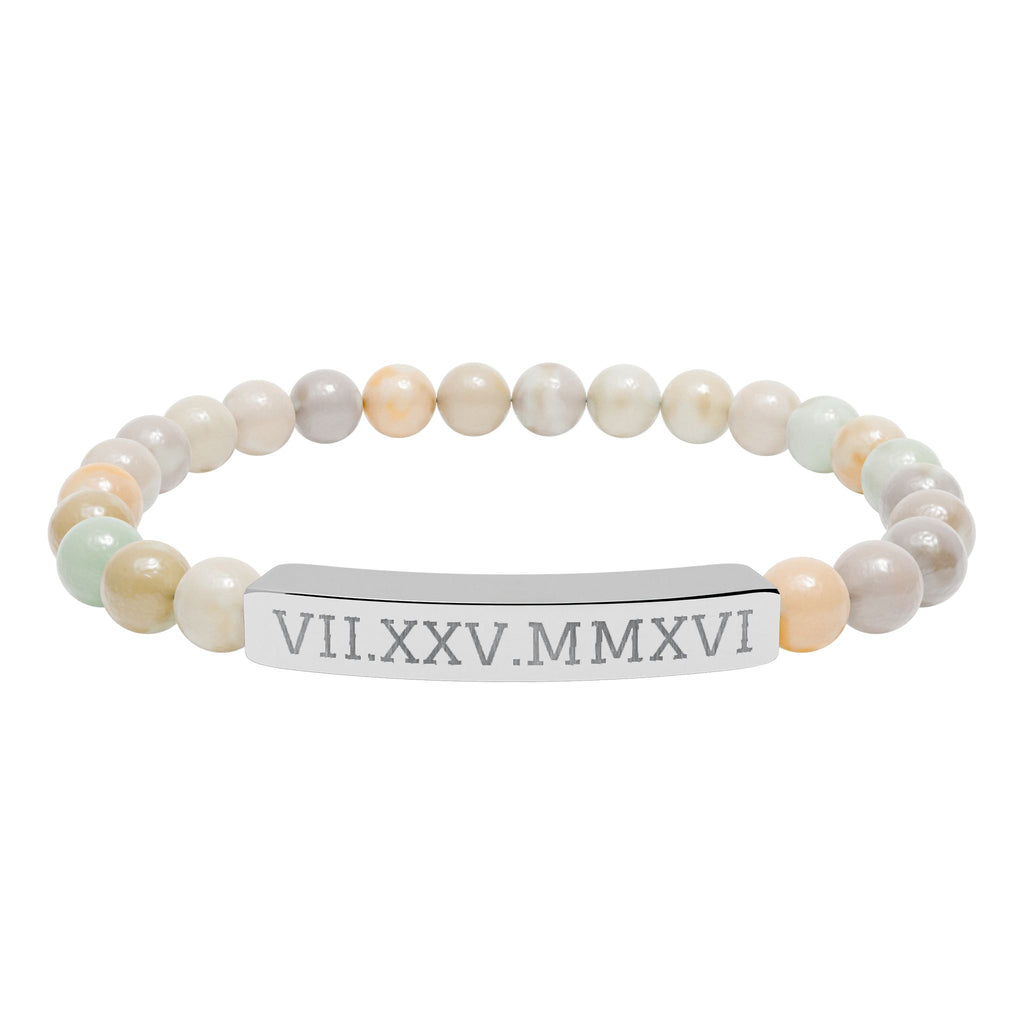 Engravable Natural Stone Stretch Bracelet — Personalized Roman Numeral Date Bar