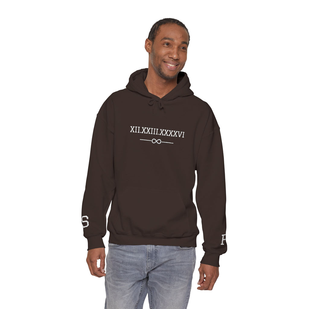 Personalized Couples Roman Numeral Date Hoodie – Minimal Pullover with Sleeve Graphics