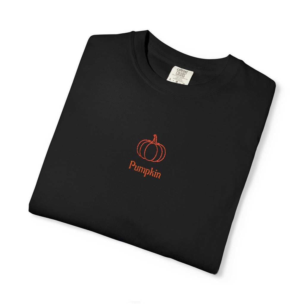 Couples Pumpkin T-Shirt — Minimal Fall Tee with Small Chest Pumpkin