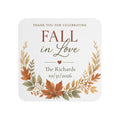 Fall in Love Personalized Coasters — Autumn Wedding Favor Coasters (Custom Names & Date, Pack of 50/100)