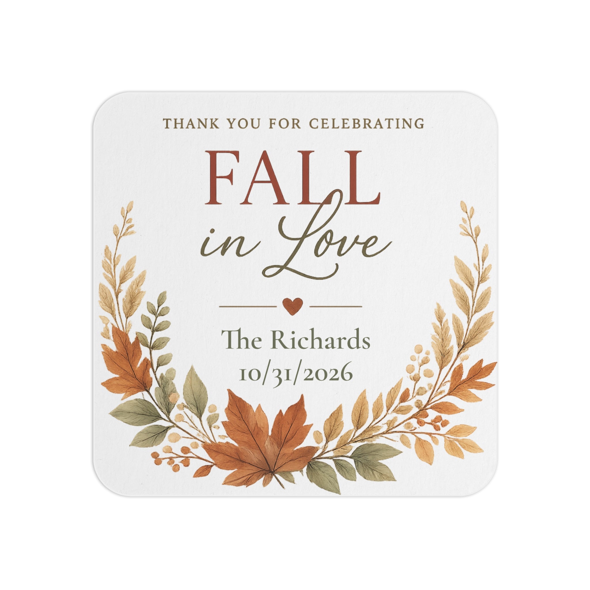 Fall in Love Personalized Coasters — Autumn Wedding Favor Coasters (Custom Names & Date, Pack of 50/100)