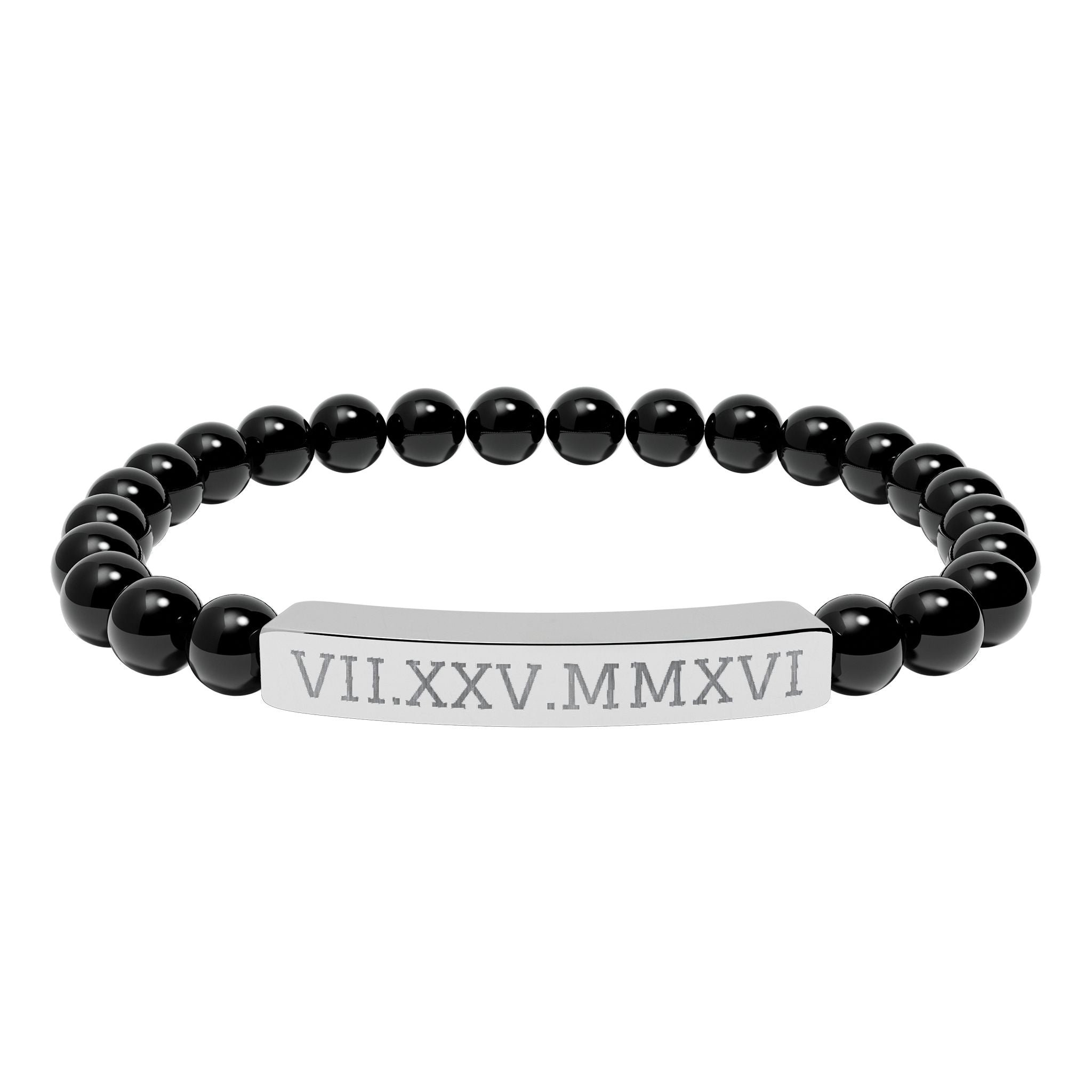 Engravable Natural Stone Stretch Bracelet — Personalized Roman Numeral Date Bar