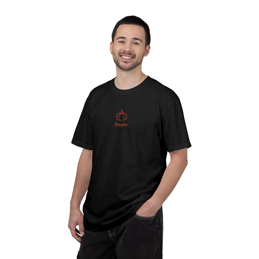 Couples Pumpkin T-Shirt — Minimal Fall Tee with Small Chest Pumpkin
