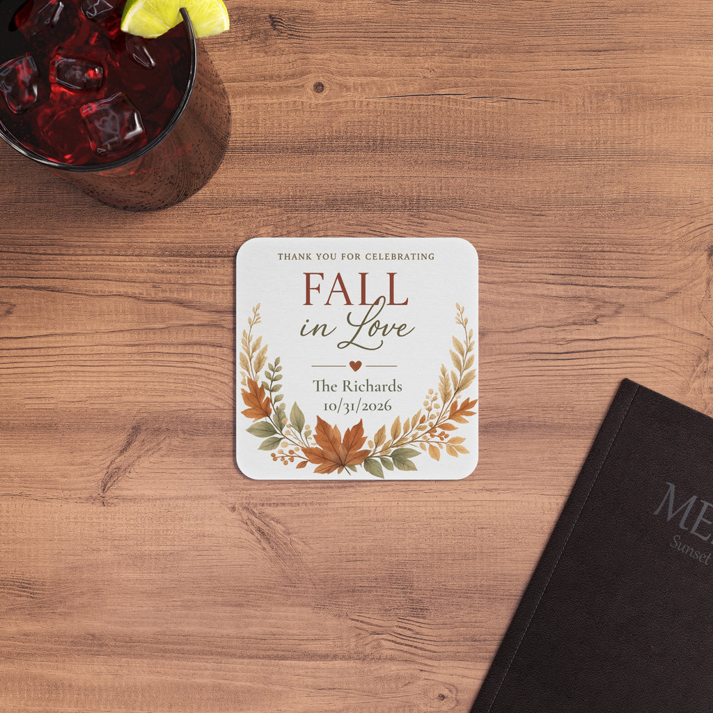 Fall in Love Personalized Coasters — Autumn Wedding Favor Coasters (Custom Names & Date, Pack of 50/100)