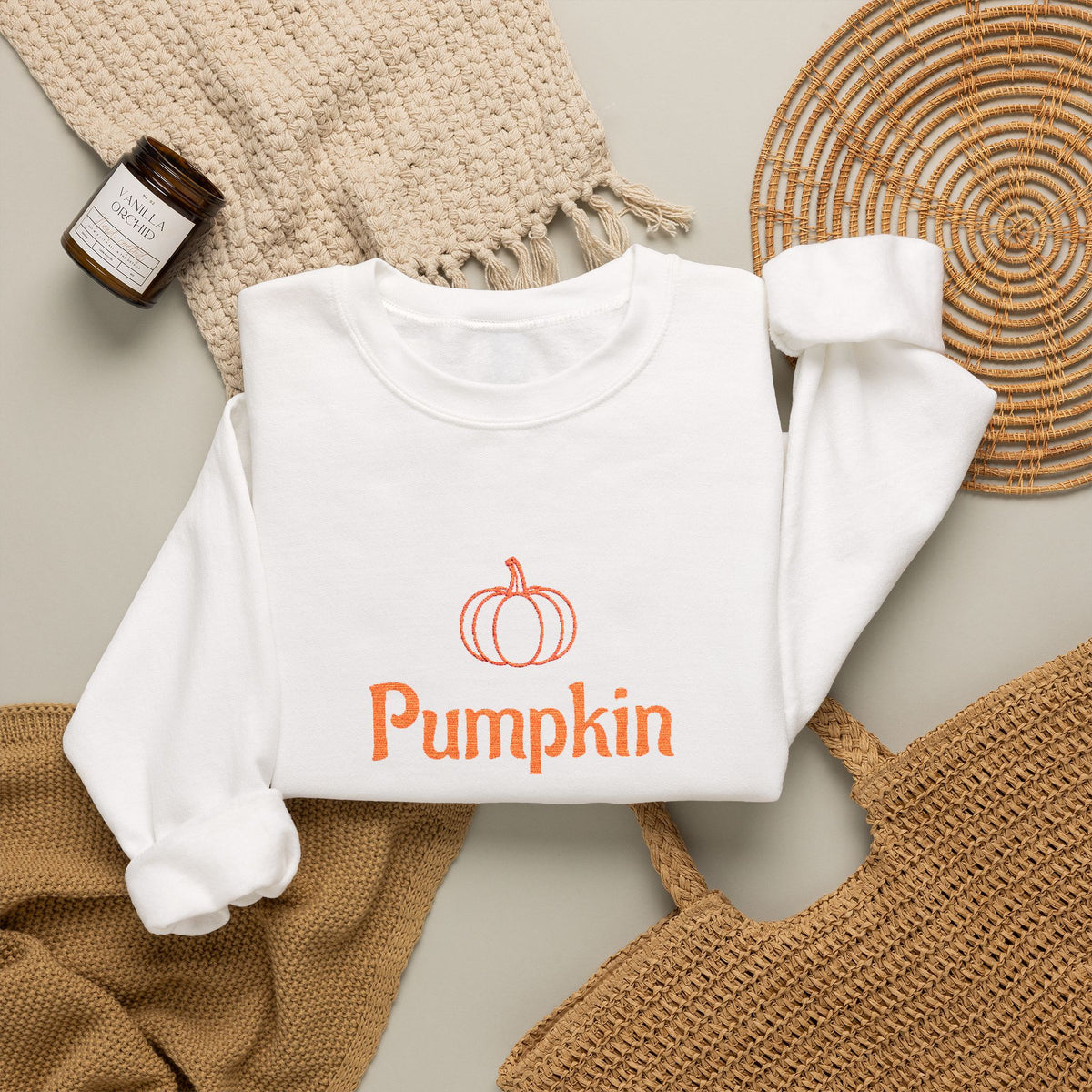 Pumpkin Embroided Crewneck Sweatshirt — Fall Couples/Matching Pullover