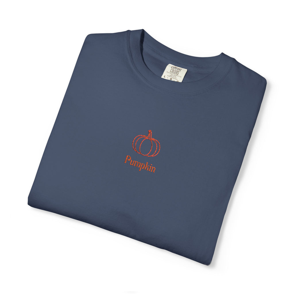 Couples Pumpkin T-Shirt — Minimal Fall Tee with Small Chest Pumpkin