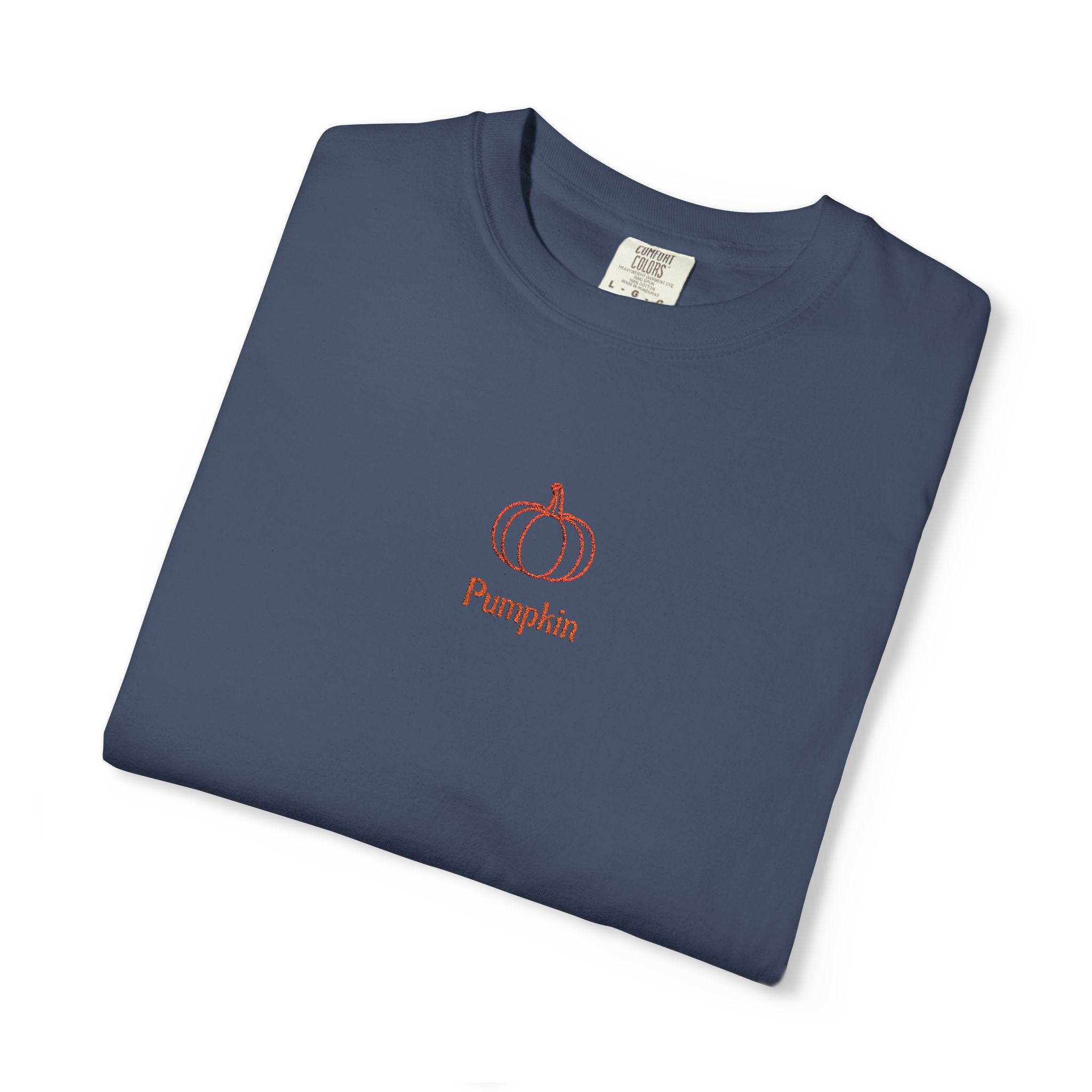 Couples Pumpkin T-Shirt — Minimal Fall Tee with Small Chest Pumpkin