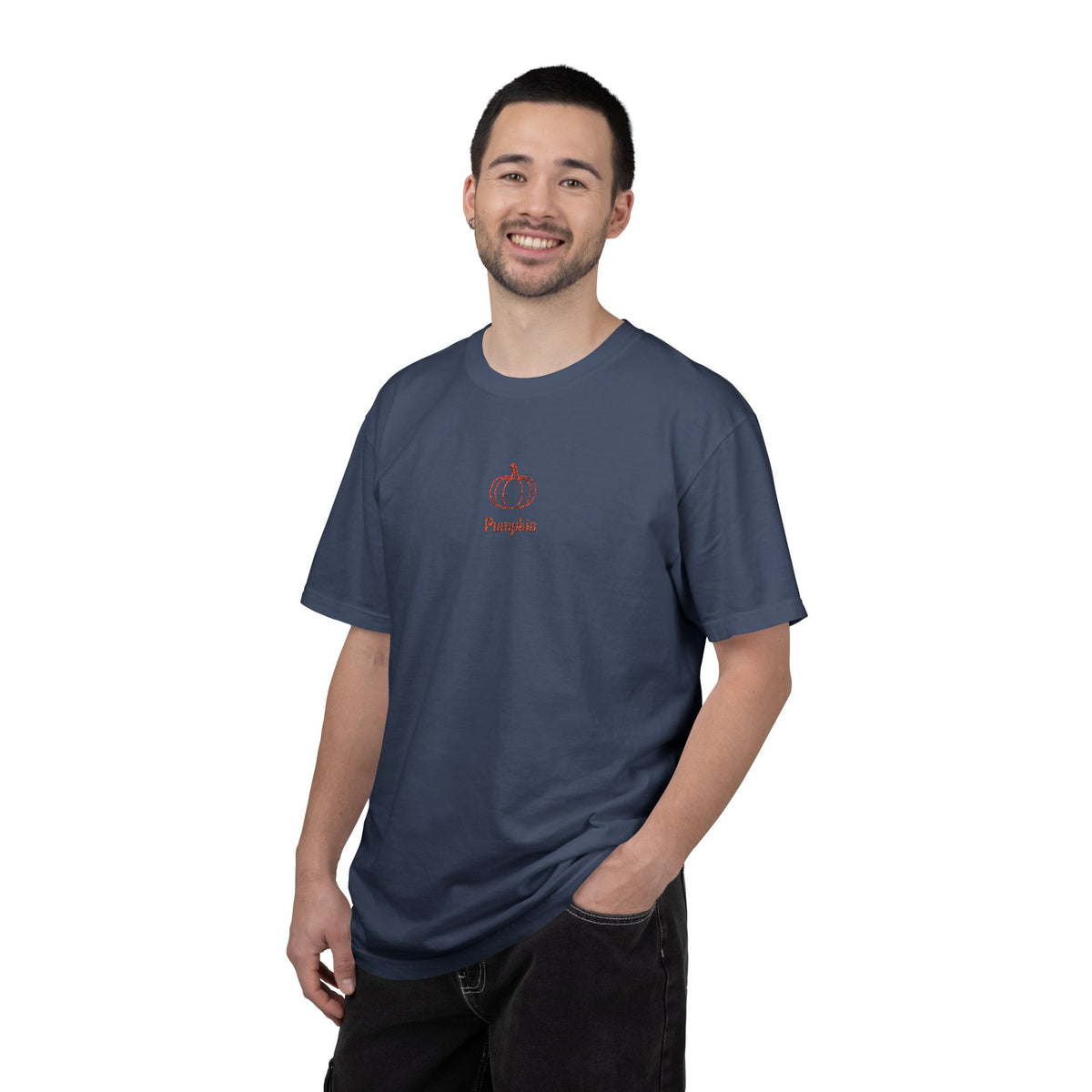 Couples Pumpkin T-Shirt — Minimal Fall Tee with Small Chest Pumpkin