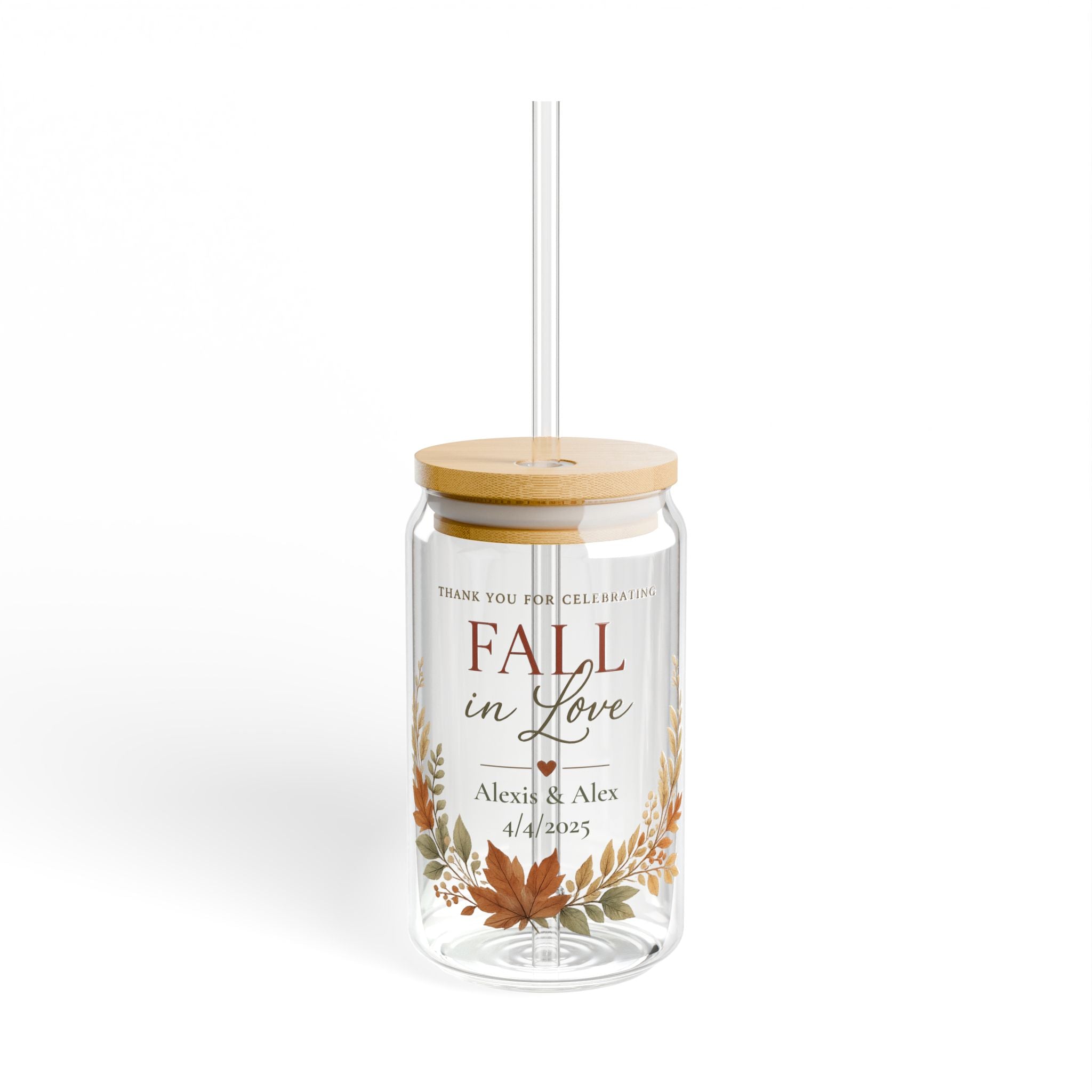 Fall in Love Sipper Glass - 16oz Personalized Wedding Favor with Autumn Leaves