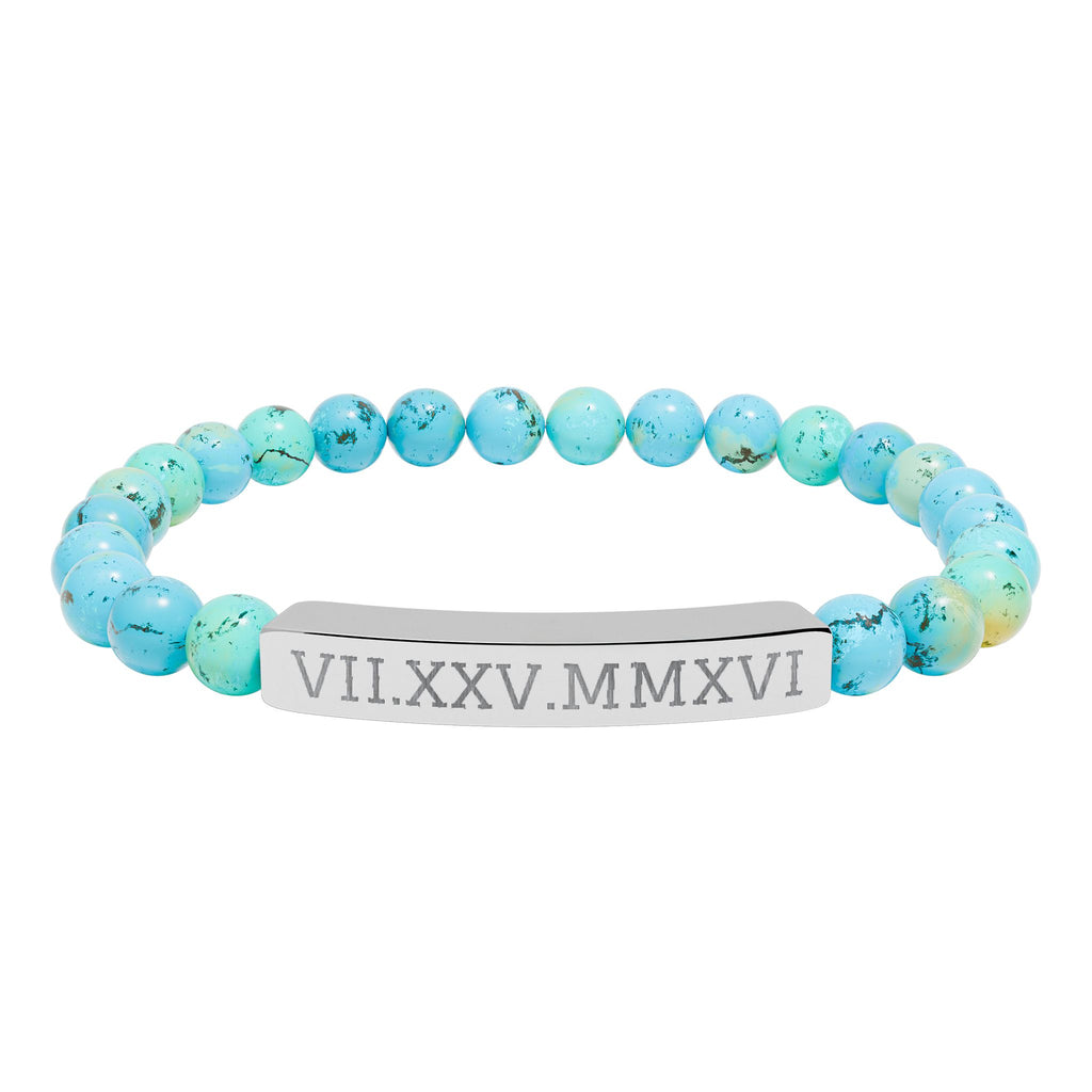Engravable Natural Stone Stretch Bracelet — Personalized Roman Numeral Date Bar