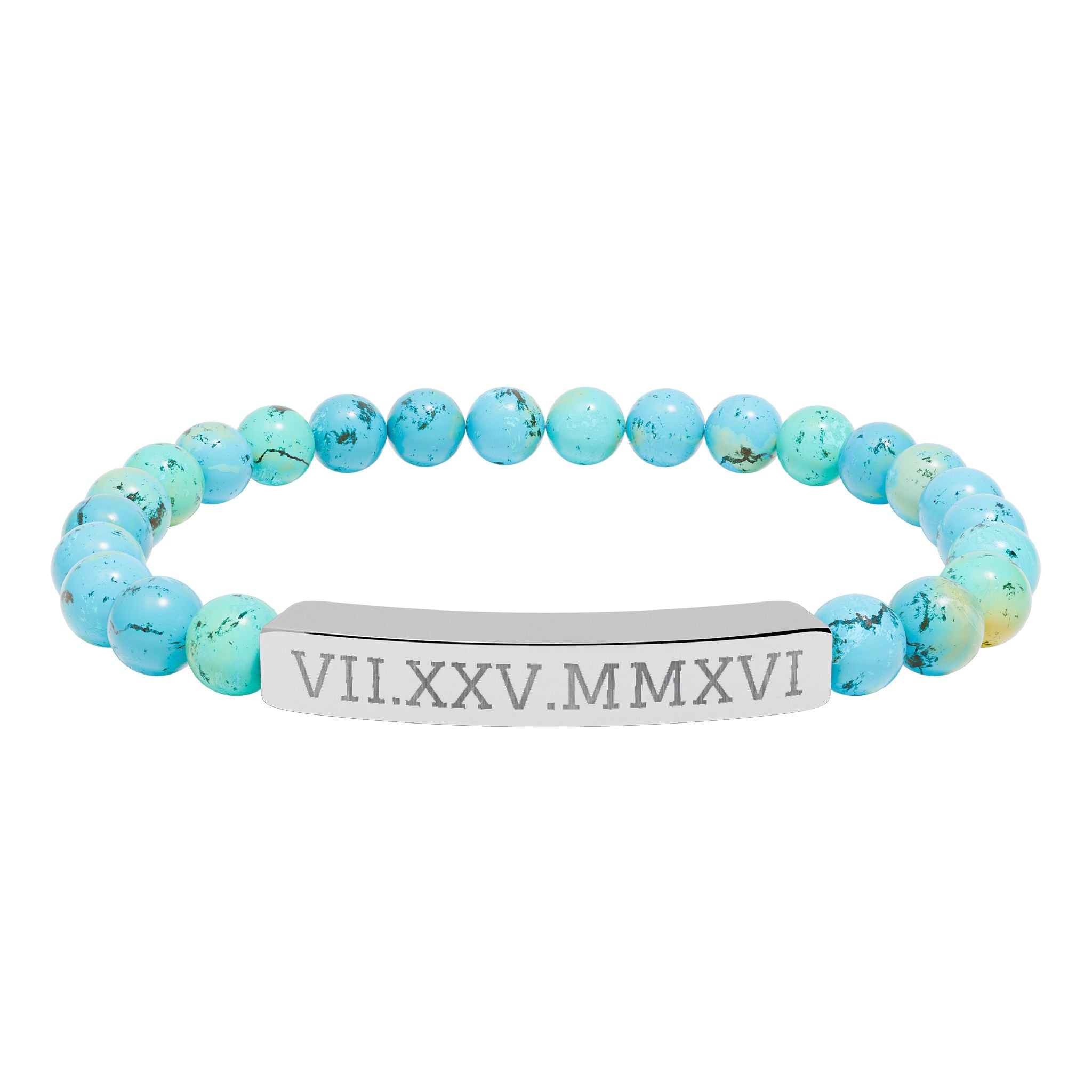 Engravable Natural Stone Stretch Bracelet — Personalized Roman Numeral Date Bar