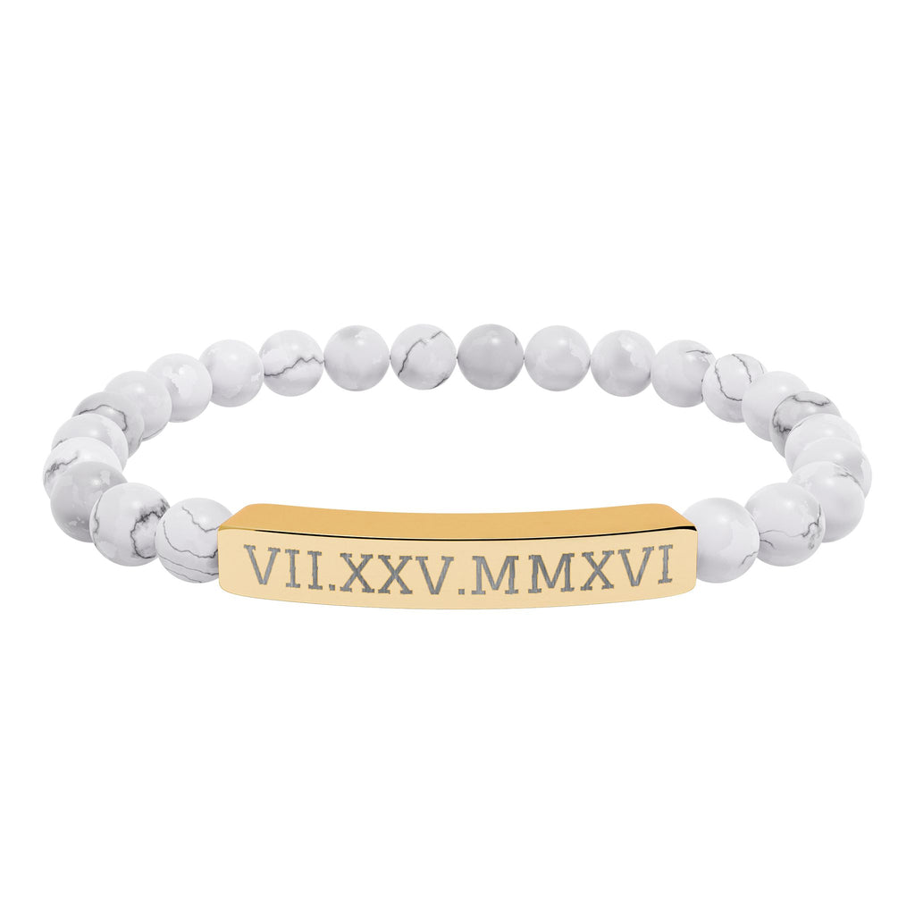 Engravable Natural Stone Stretch Bracelet — Personalized Roman Numeral Date Bar