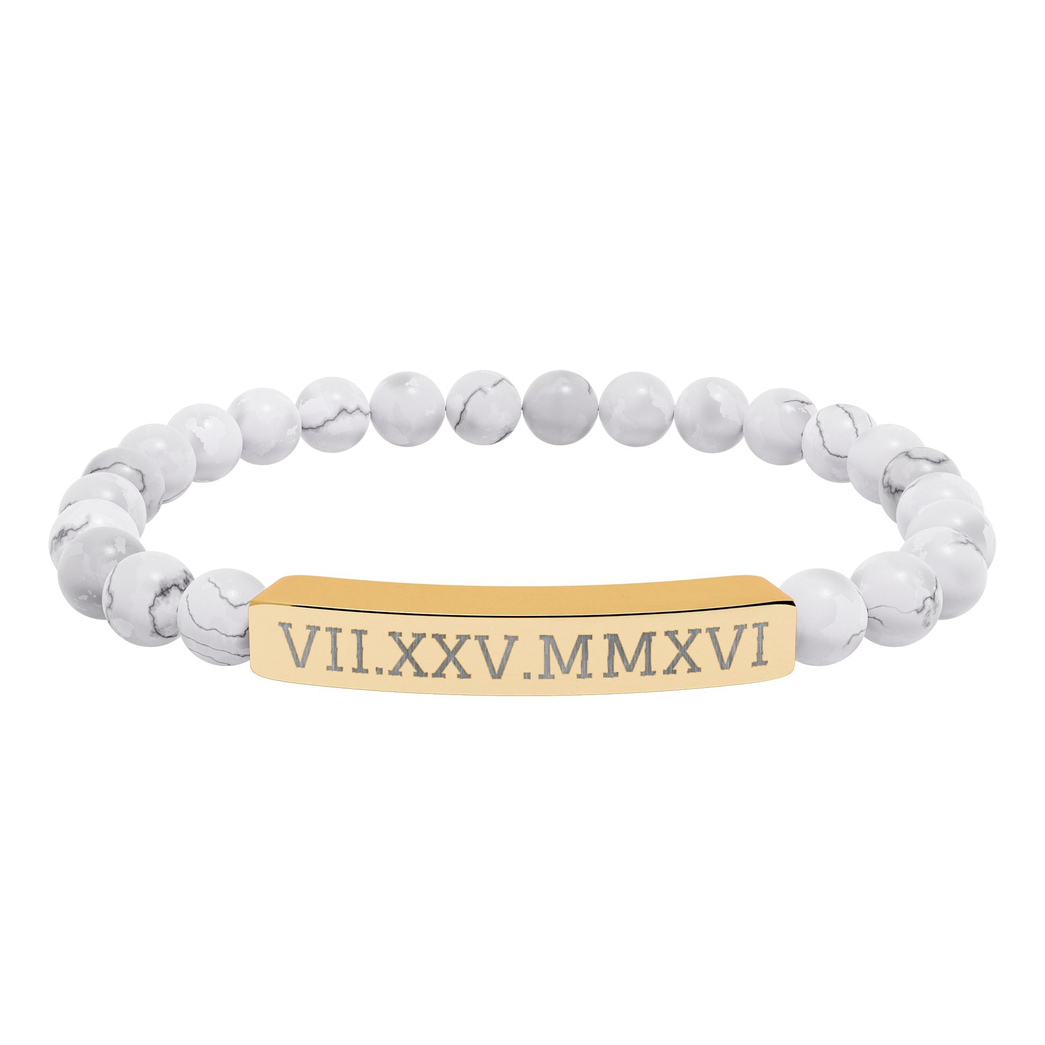 Engravable Natural Stone Stretch Bracelet — Personalized Roman Numeral Date Bar