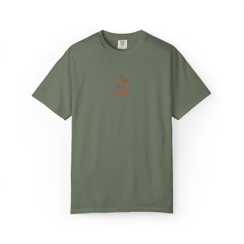 Couples Pumpkin T-Shirt — Minimal Fall Tee with Small Chest Pumpkin