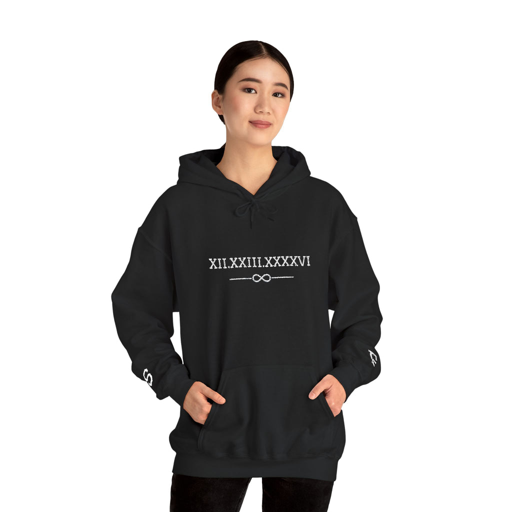 Personalized Couples Roman Numeral Date Hoodie – Minimal Pullover with Sleeve Graphics