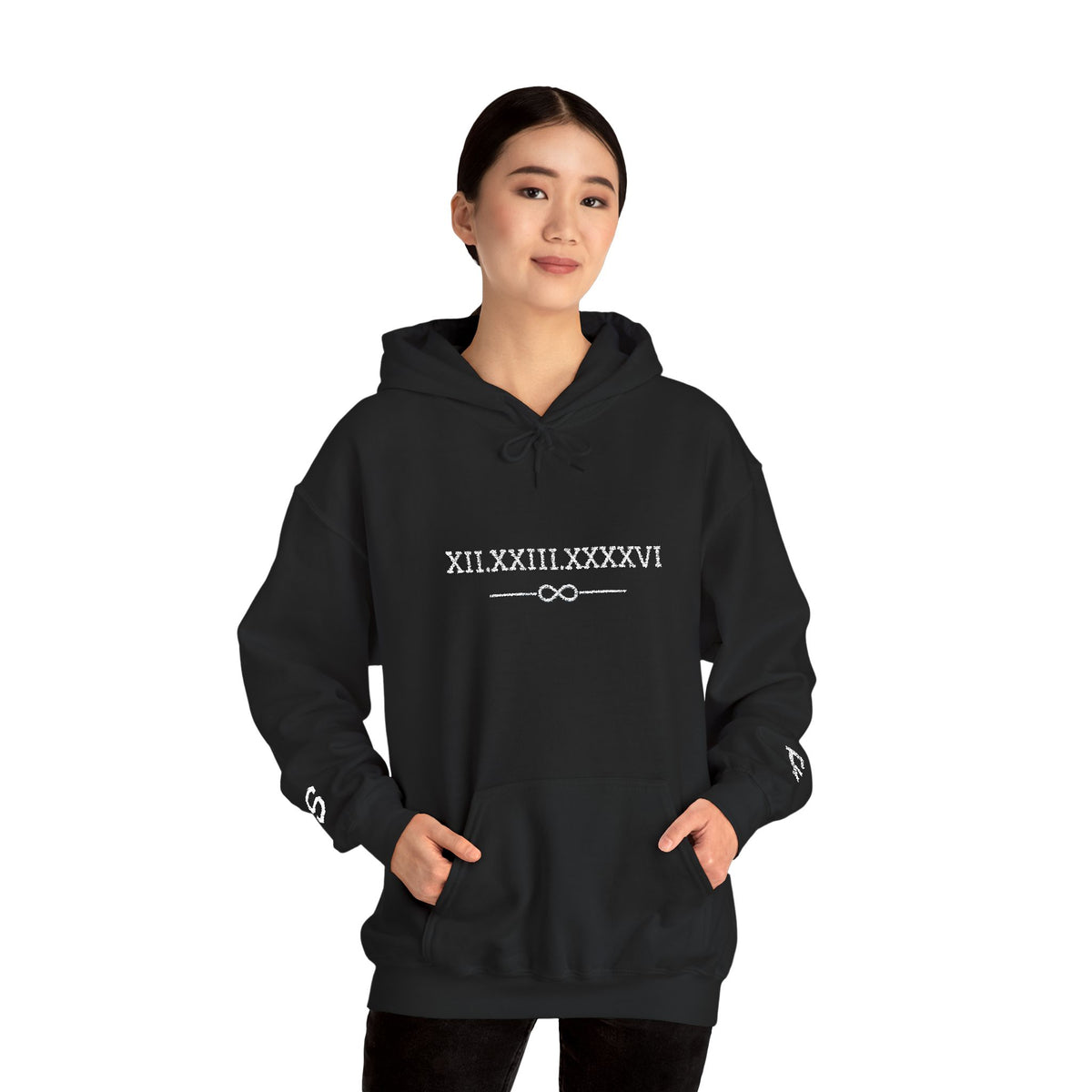 Personalized Couples Roman Numeral Date Hoodie – Minimal Pullover with Sleeve Graphics
