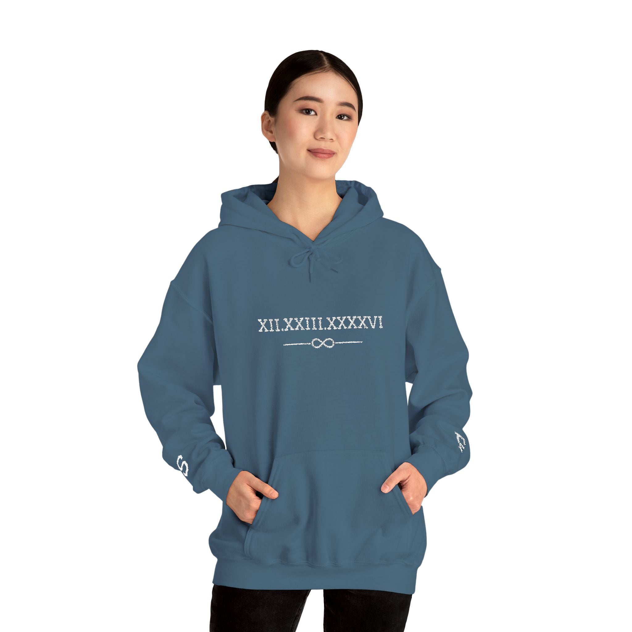 Personalized Couples Roman Numeral Date Hoodie – Minimal Pullover with Sleeve Graphics