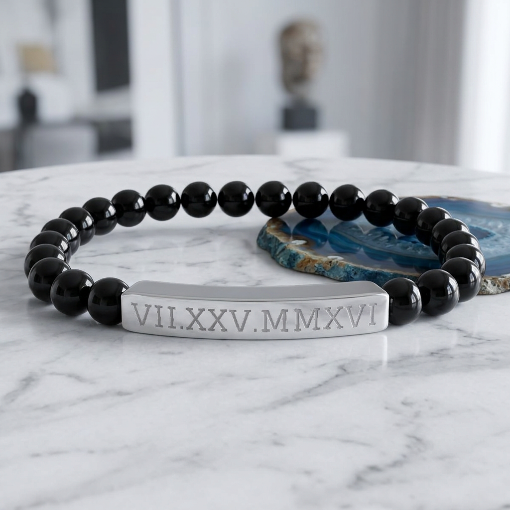 Engravable Natural Stone Stretch Bracelet — Personalized Roman Numeral Date Bar