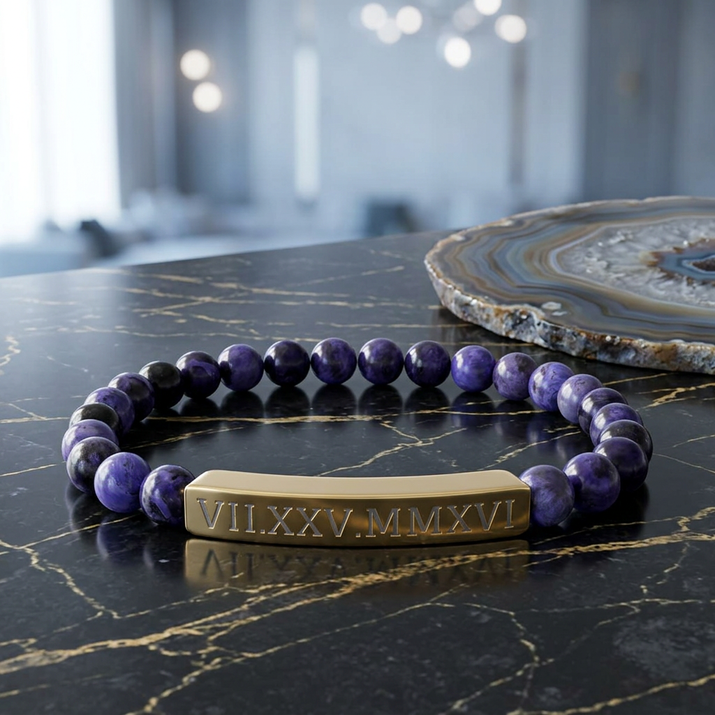 Engravable Natural Stone Stretch Bracelet — Personalized Roman Numeral Date Bar