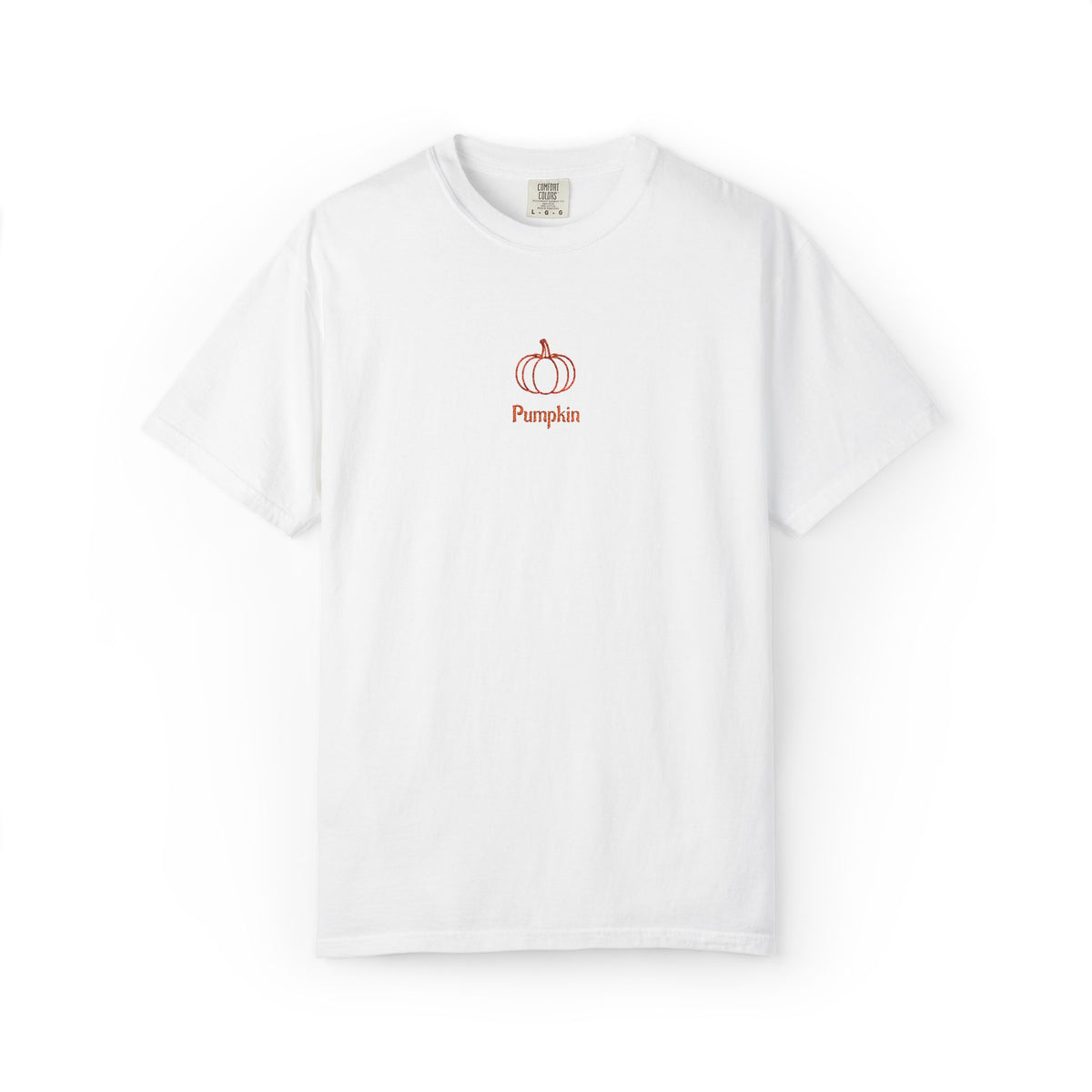 Embroided Couples Pumpkin T-Shirt — Minimal Fall Tee with Small Chest Pumpkin