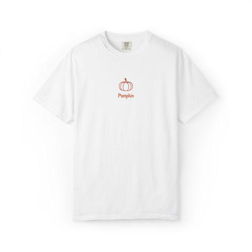 Embroided Couples Pumpkin T-Shirt — Minimal Fall Tee with Small Chest Pumpkin