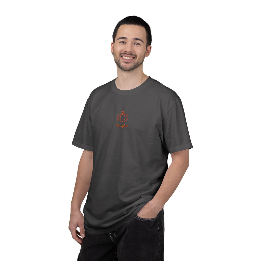 Couples Pumpkin T-Shirt — Minimal Fall Tee with Small Chest Pumpkin