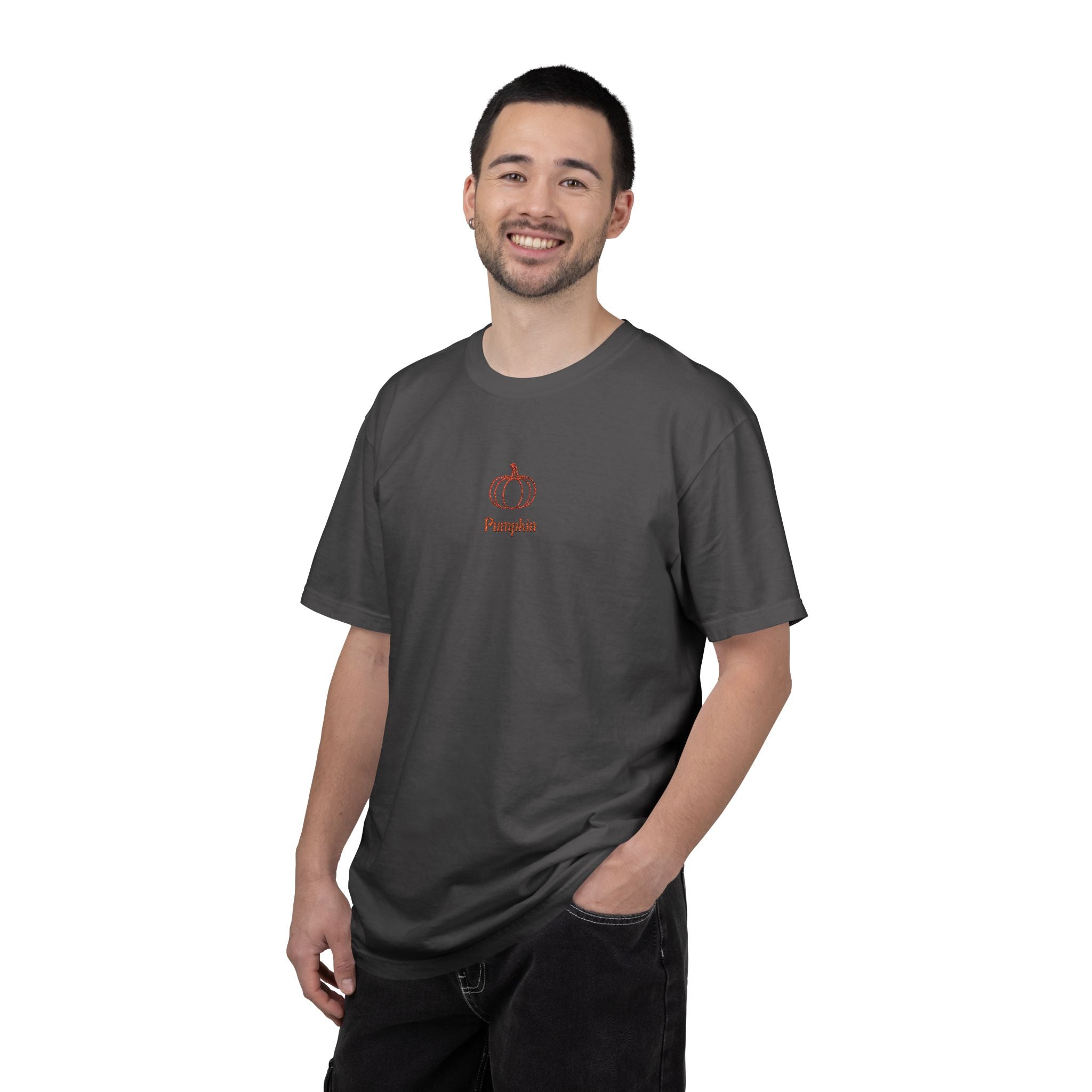 Couples Pumpkin T-Shirt — Minimal Fall Tee with Small Chest Pumpkin