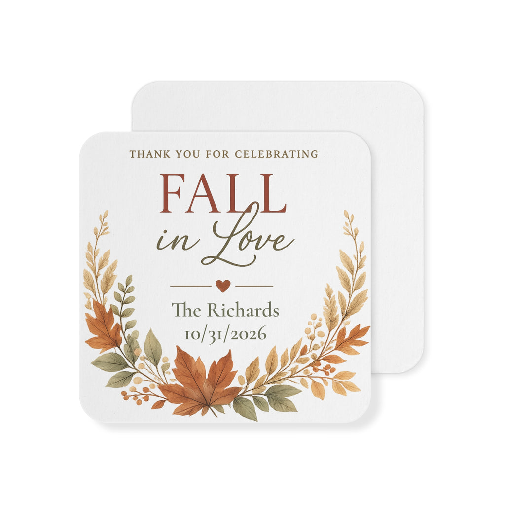 Fall in Love Personalized Coasters — Autumn Wedding Favor Coasters (Custom Names & Date, Pack of 50/100)