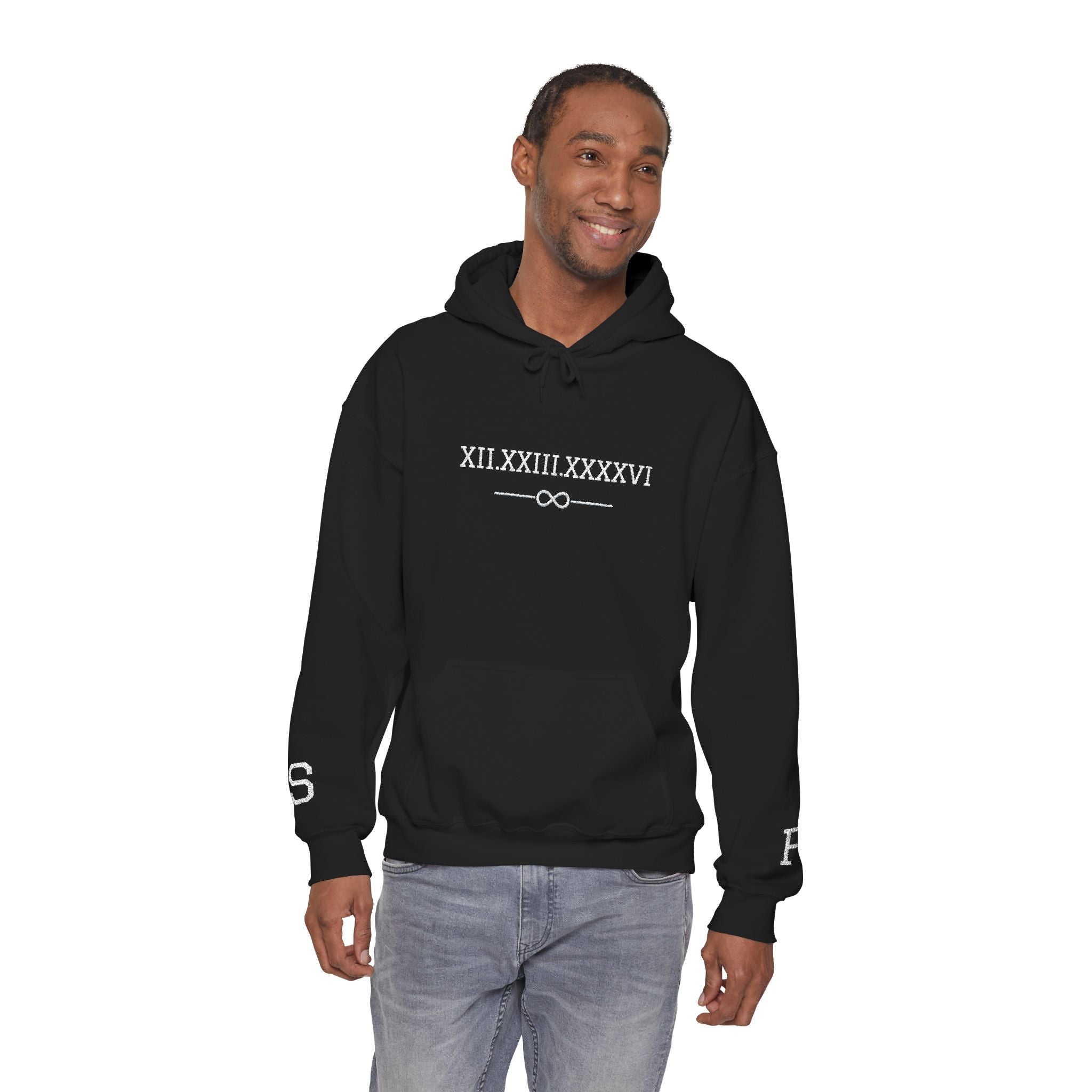 Personalized Couples Roman Numeral Date Hoodie – Minimal Pullover with Sleeve Graphics