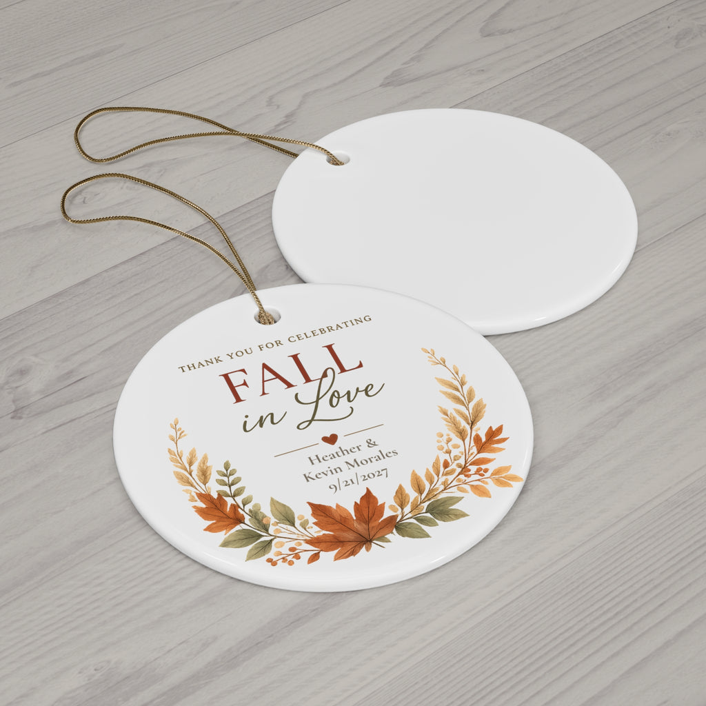 Fall in Love Ceramic Ornament — Personalized Autumn Wedding Favor
