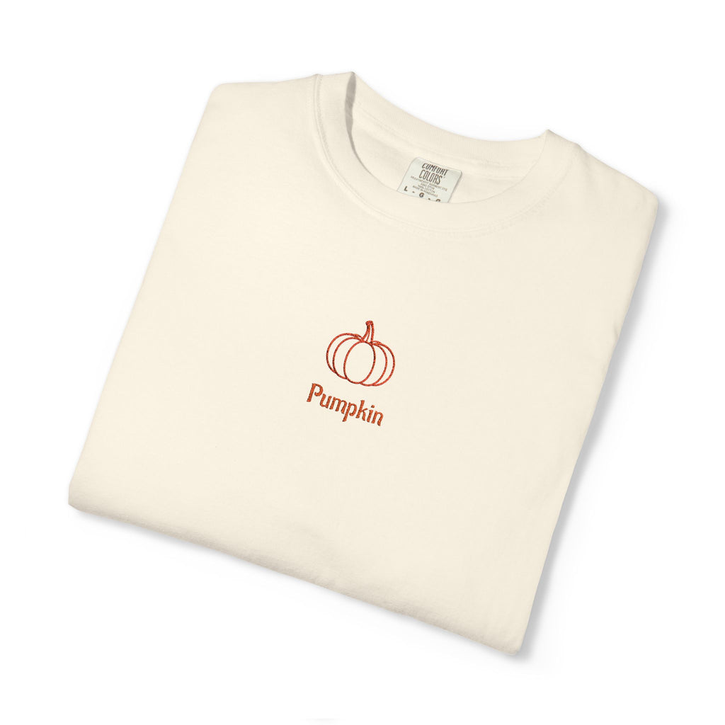 Couples Pumpkin T-Shirt — Minimal Fall Tee with Small Chest Pumpkin