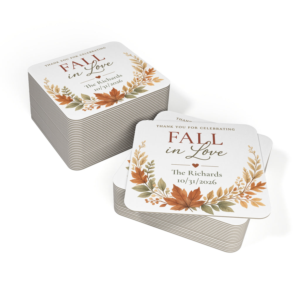 Fall in Love Personalized Coasters — Autumn Wedding Favor Coasters (Custom Names & Date, Pack of 50/100)