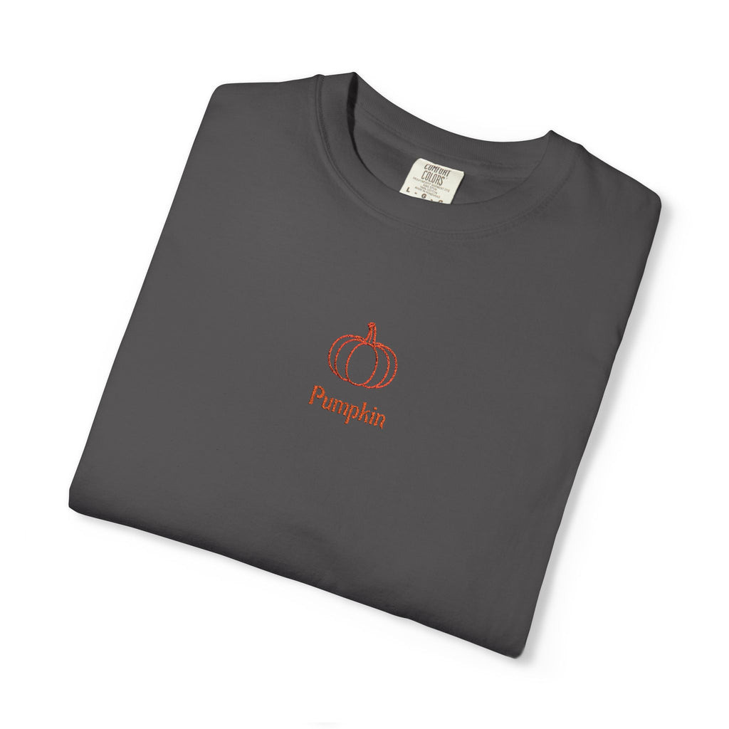 Couples Pumpkin T-Shirt — Minimal Fall Tee with Small Chest Pumpkin